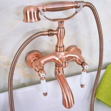 Antique Red Copper Wall Mount Clawfoot Bath Tub Faucet Tap w/ Handheld Shower