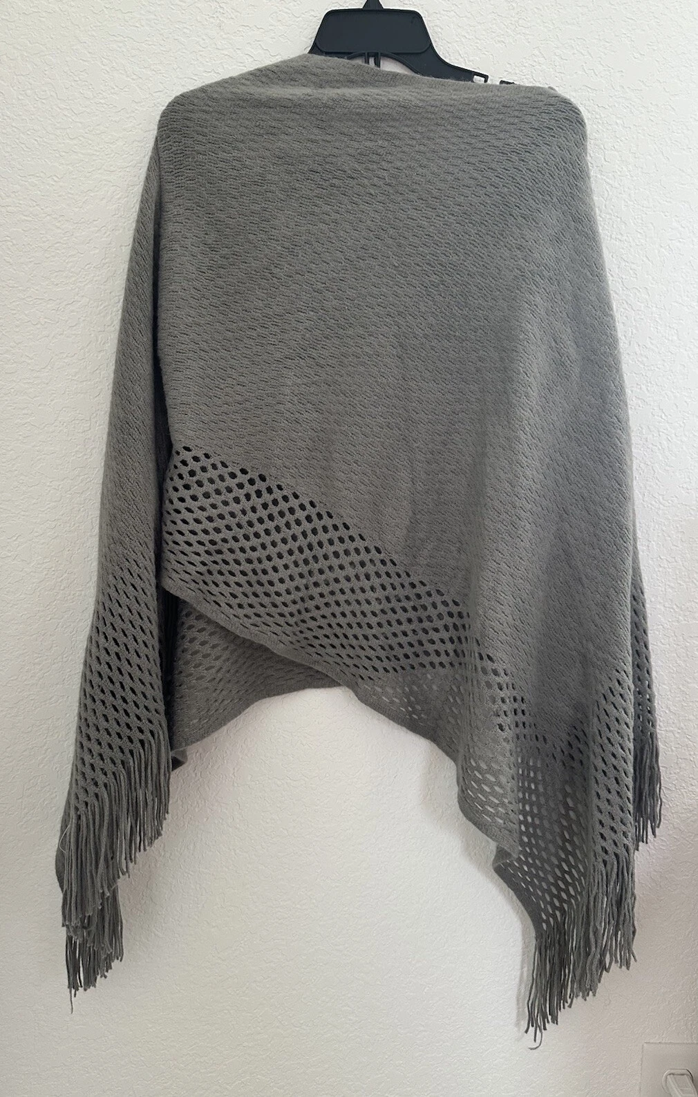 Memories Women's OS Knit Poncho Shawl Grey Cut Out Fringe Cottage Boho Neutrals