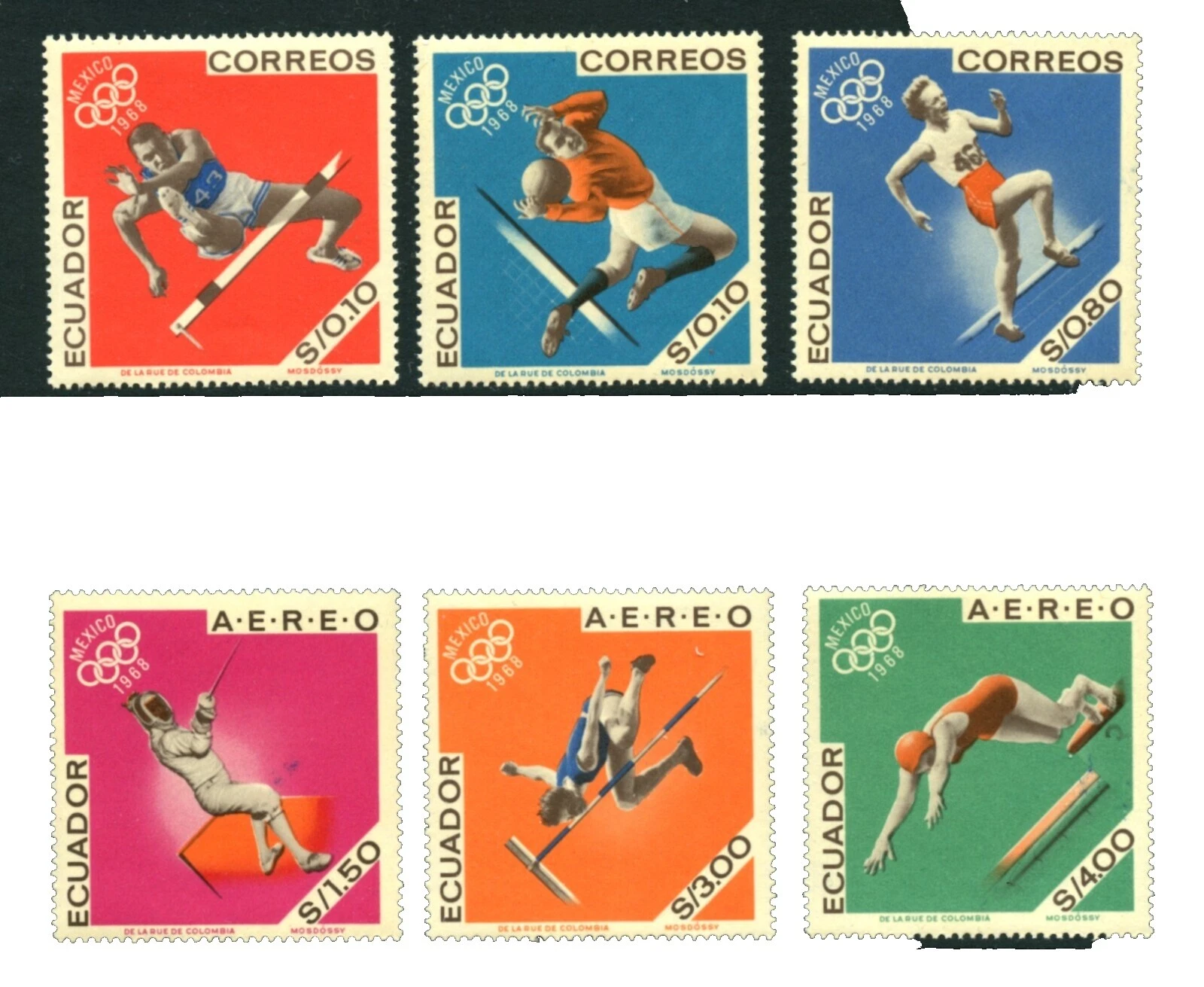 Estampillas de los Juegos Olímpicos de varios colores ecuatoriano