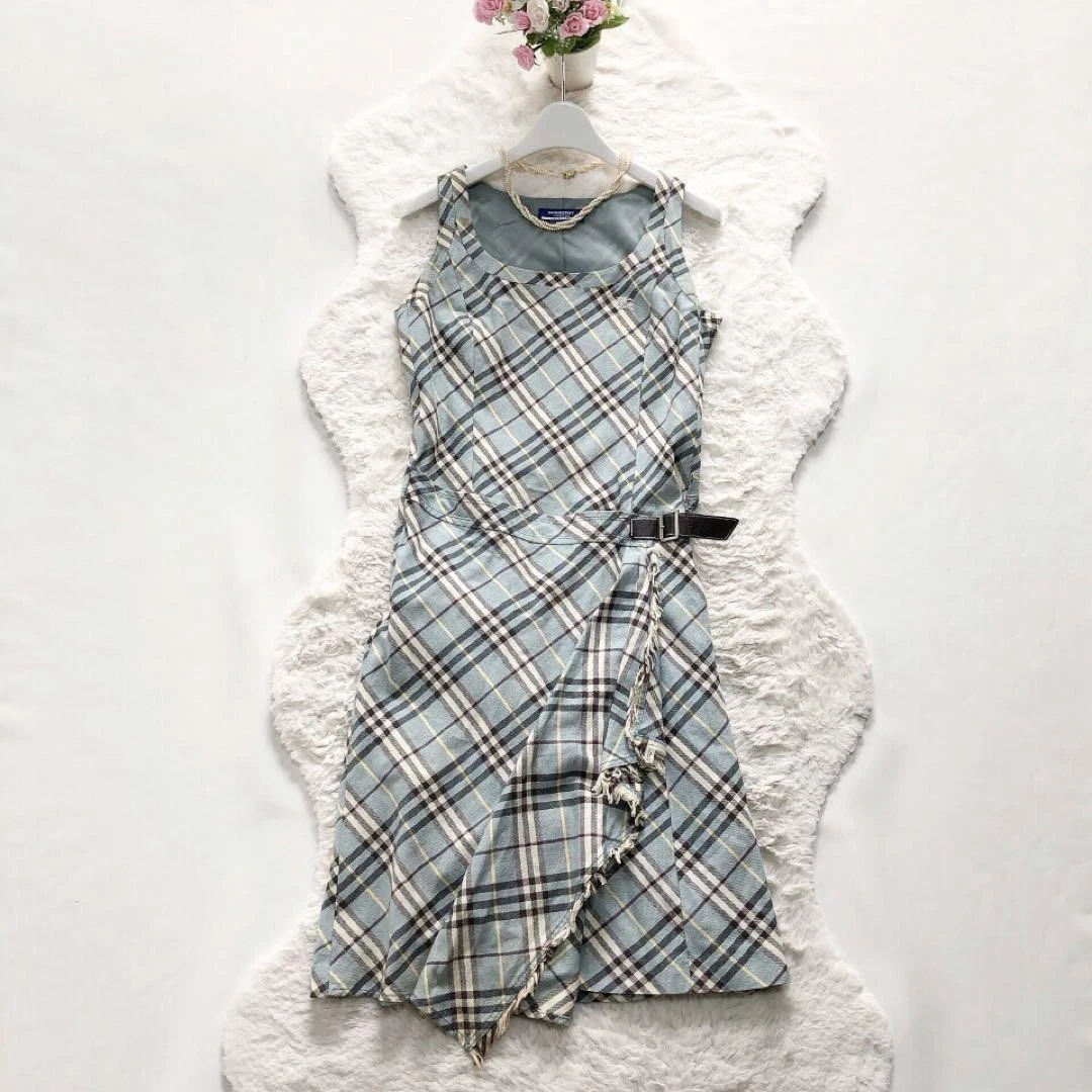 Abito Burberry blu etichetta a quadri Y2K misto cotone taglia 36