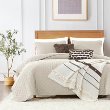 Beige Queen Size Quilt Bedding Set with 2 Pillow Shams, Full Lightweight Soft...