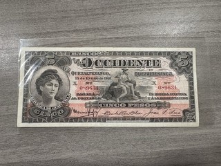 Guatemala El Banco de Occidente 1918 5 Pesos Banknote