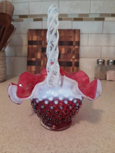 Vintage Fenton Cranberry Red Opalescent Hobnail Art Glass Bride Basket 8” Tall