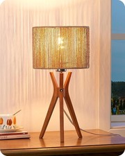 17.5" Rattan Table Lamp Wood Bedside Lamp W/ Handmade Paper Rope Woven Lampshade