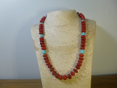 Red Coral And Turquoise With Gold Native American Southwestern Necklace