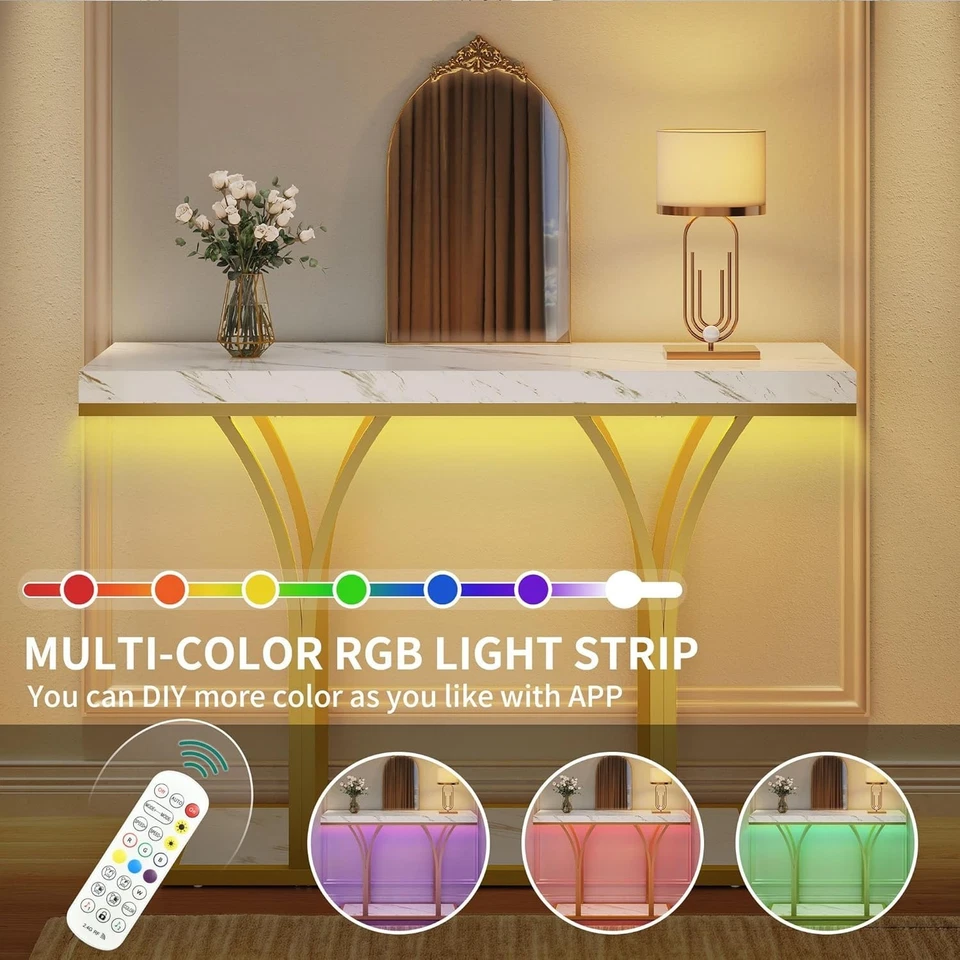 Mesa Consola con Luces LED, Mesa de Entrada Blanca y Dorada, Sofá Estrecho Moderno Foto 3 de 4