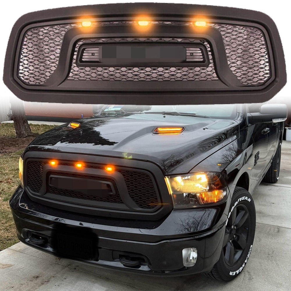 Grill for 2013-2018 Dodge Ram 1500 Front Grille Upper Bumper Mesh W/Letters& LED