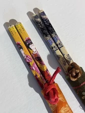 Fancy Vintage Chopsticks In Silk Cases - Lot of 2 - 9.5”