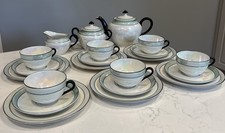 Antique Czech Tea Pot Creamer Sugar Cups Saucers Pearl White Iridescent Lustre 6