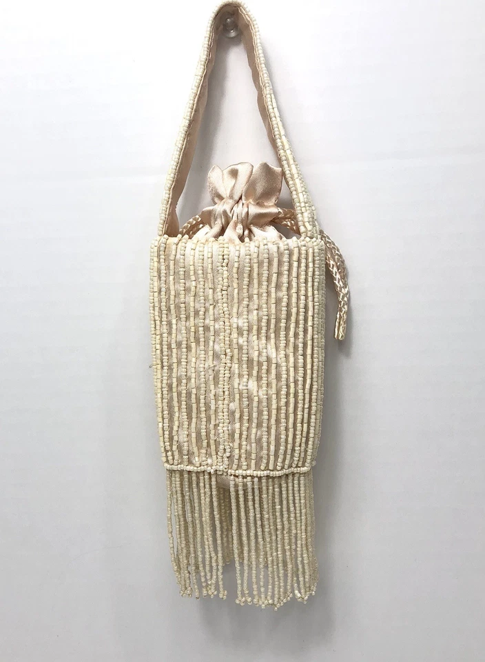 Art Deco Drawstring Beige Glass bead Flapper Purse Bag Pouch Silk 4” - Image 3 of 4