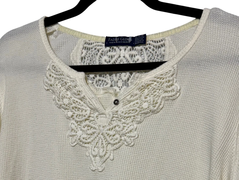 Top Henley térmico de encaje vintage descolorido Glory Y2K para mujer talla XL marfil Cottagecore Foto 2 de 4