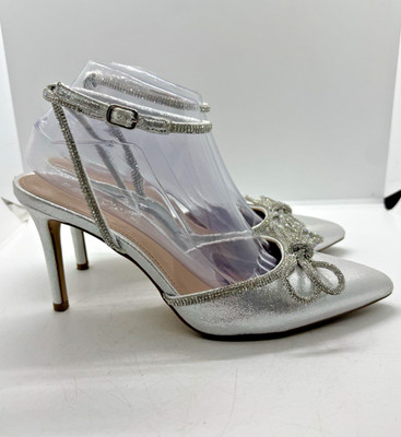 BCBGeneration Anese Rhinestone Bow Ankle Strap Pointy Toe Slip On Pump 9M Silver
