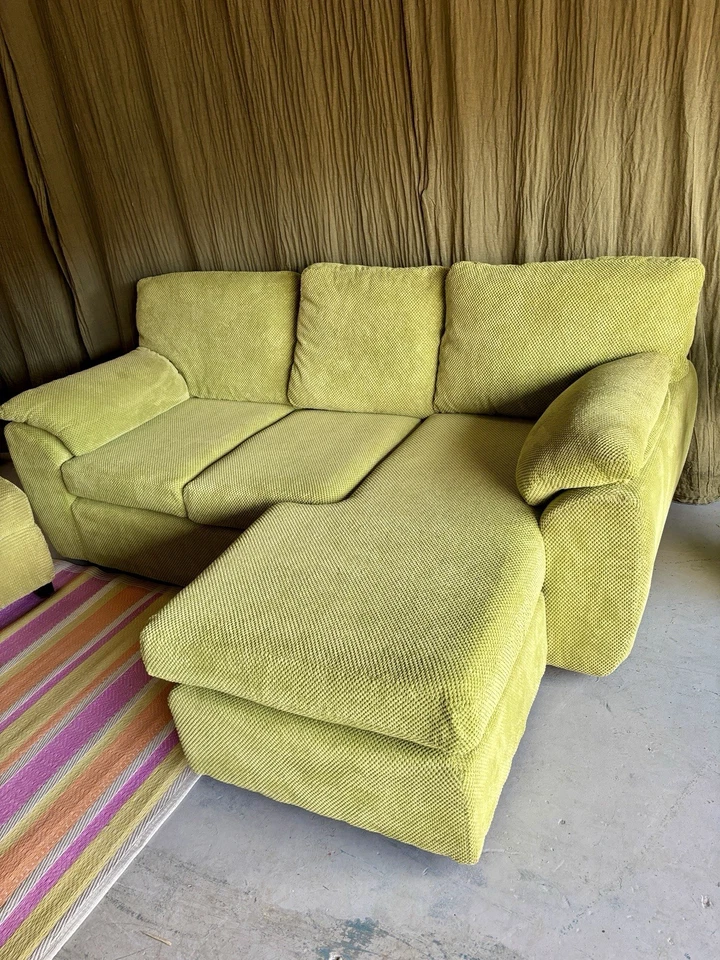 DFS 3 Seater Corner sofa & Footstool Lime Green Fabric - L/R Chaise~Can Deliver - Image 2 of 4