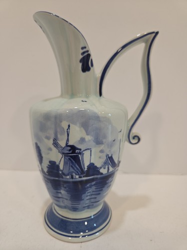 Delft 7.25 Inch Pitcher Lobed Prominent Curved Handle Flared Spout Handpainted