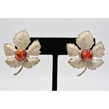 Vintage Cabochon Leaf Earrings Maple Leaf Silver Red Glass Fall Autumn 1980s 9G