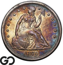 1870 Seated Liberty Dollar, Choice AU++ Rainbow Toner, Deep Color!