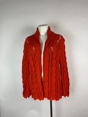 Ball of Cotton Hand Knit  Orange Merino Wool USA Women's Cardigan Sweater XL