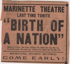 BIRTH OF A NATION D.W. GRIFFITH April 24, 1919 Marinette Theatre Movie ad