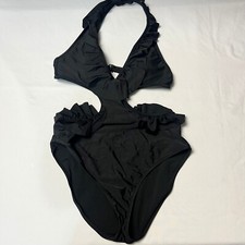 Aerie American Eagle Ruffle Trim Halter One Piece Swimsuit Cut Out Black Medium