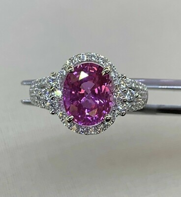 3Ct Lab Created Oval Cut Pink Ruby Halo Engagement Ring 14K White Gold Plated