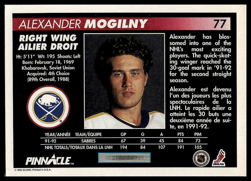 1992-93 Pinnacle Canadian #77 Alexander Mogilny - Image 2 of 2