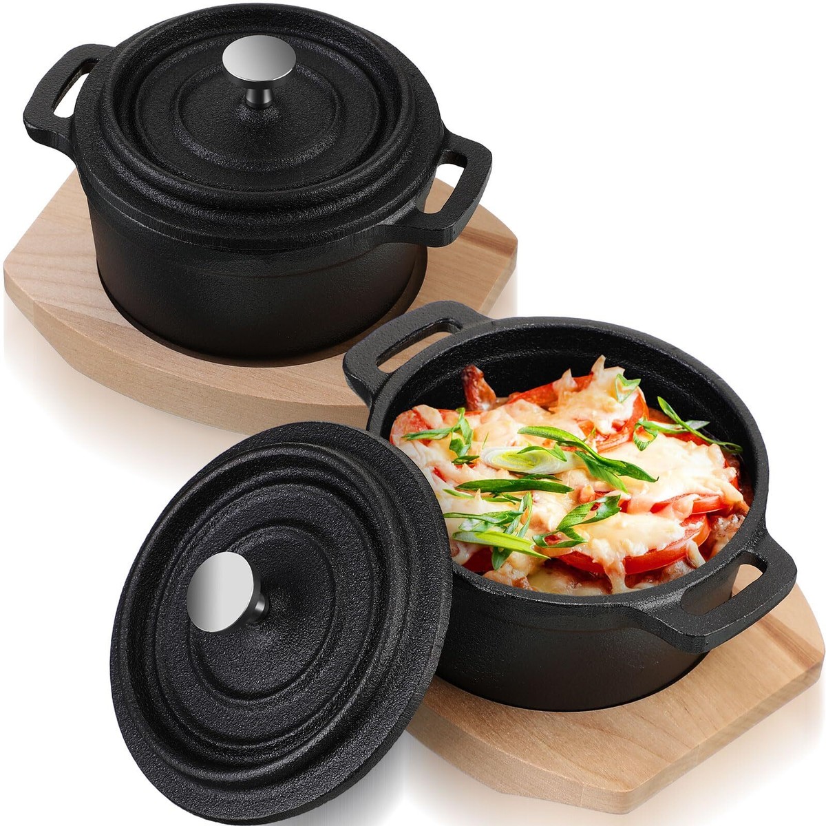 Set of Mini Cast Iron Dutch Ovens with Wooden Base Pre-Seasoned