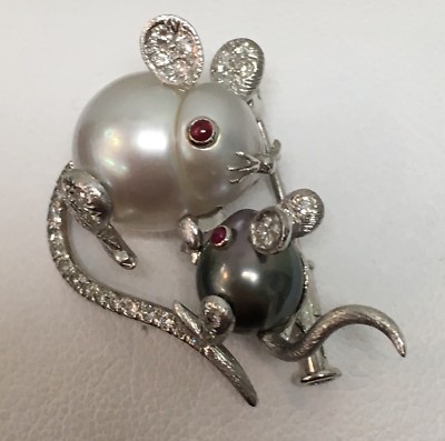 18k Yellow/White Gold South Sea Pearl Pin 40 Dia .39ct G/VS1 2 Rub .04ct