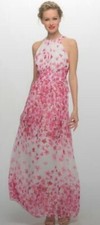 Eliza J Pink Floral Halter Neckline Maxi Dress Pleated Chiffon 10 NWT
