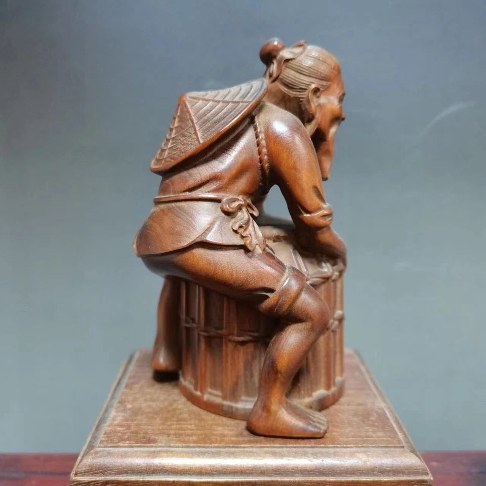 Antigua estatua china de carga completa tallada en boj 100*69 mm pescador tallado Foto 2 de 4