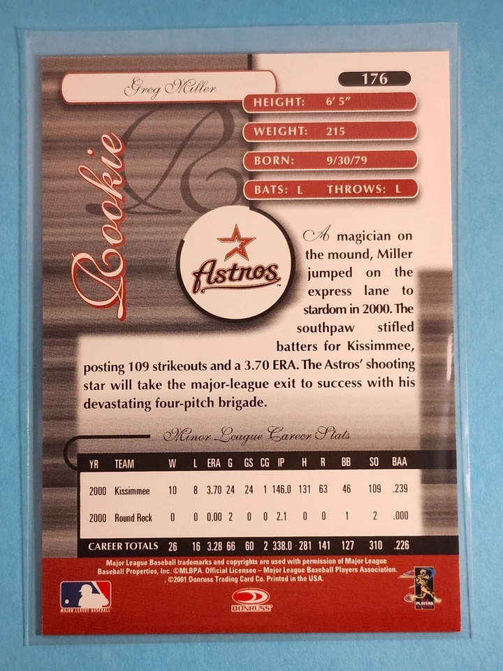 2001 Donruss Elite RC Greg Miller Houston Astros #176 366/1000 ⚾ - Image 2 of 2