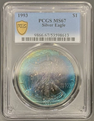 1993 PCGS MS67 American Silver Eagle Dollar $1 - Blue / Purple Toned