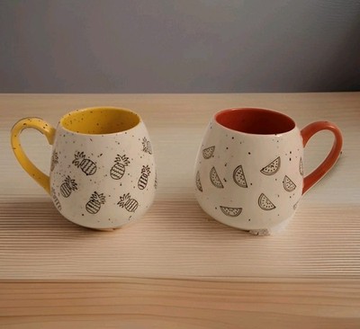 2 Meritage Coffee Mugs Watermelon Red, Pineapple Yellow