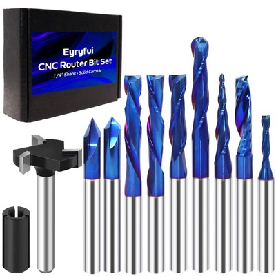 10Pcs CNC Router Bits Set, 1/4'' Shank Solid Carbide Multiple Uses Router Bit ...