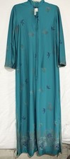 Vtg 70s TV LOUNGER Green Gown 1/2 Zip House Dress Floral Robe SZ S Boho Asian