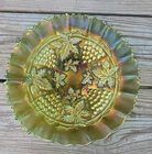 Carnival Glass Vintage Iridescent Green  Grape & Cable BonBon Bowl 8.5"W x 2"H