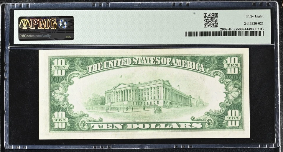 1928 B $10 Dollar Federal Reserve Note St. Louis FR#2002-H Dark Green PMG 58 - Image 2 of 2