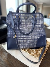 Prada Navy White Tweed Saffiano Leather Satchel Bag w/ Strap
