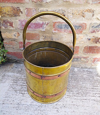 Brass and Copper Riveted Bucket with Swing Handle and Copper Bands