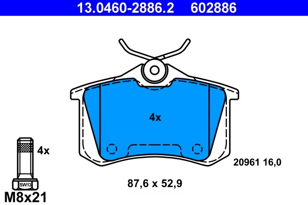 Hinterachse ATE 13.0460-2886.2 Bremsbelagsatz, Scheibenbremse FüR Audi,Seat,Skod-image