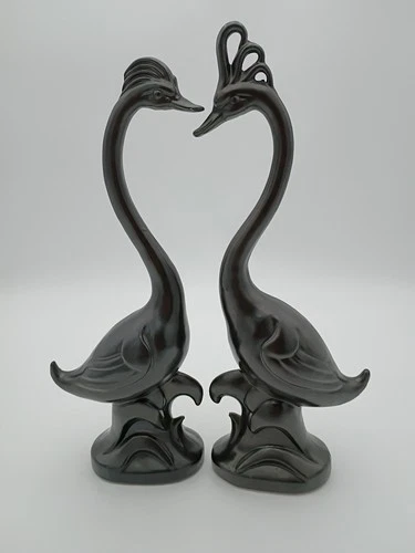MCM Haeger Pottery Vintage Black Ceramic Swan Figurines | Gunmetal Matte Black