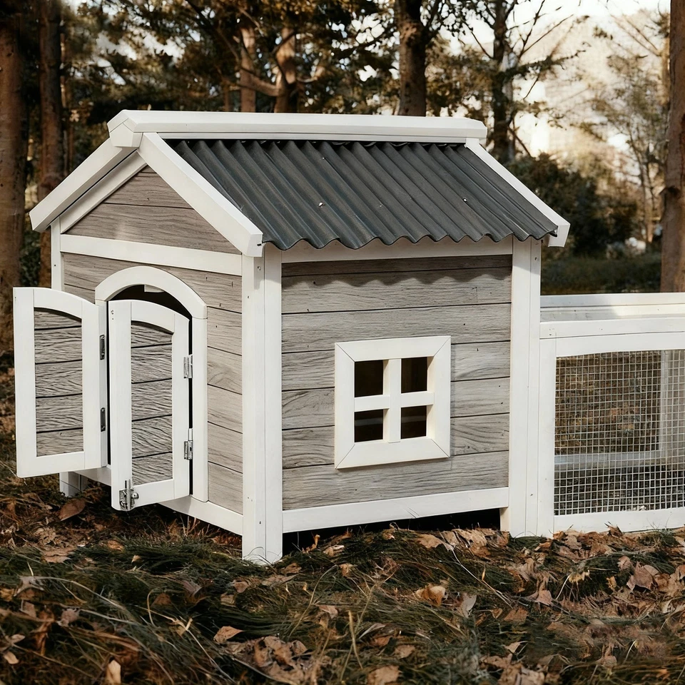  Cabaña de madera para animales pequeños, jaula para conejos interior exterior con cerraduras seguras y techo Foto 2 de 4