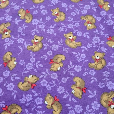 Vintage Cranston Teddy Bear Purple Flowers Cotton Fabric 28.5'' x 59'' Material