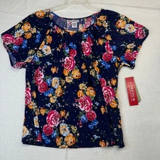 Rebecca Malone Woman Navy Floral Glitter Short Sleeve Gathered Neck Top 1X
