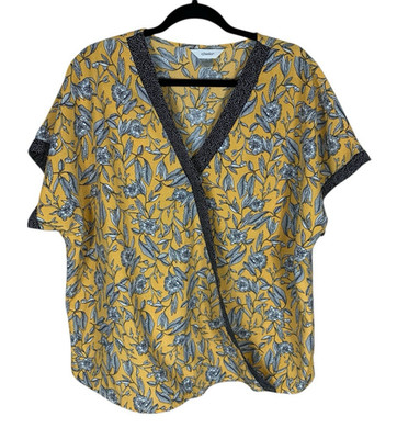 Women's CJ Banks Yellow Black Floral Short Sleeve V-Neck Faux Wrap Top Size 1X
