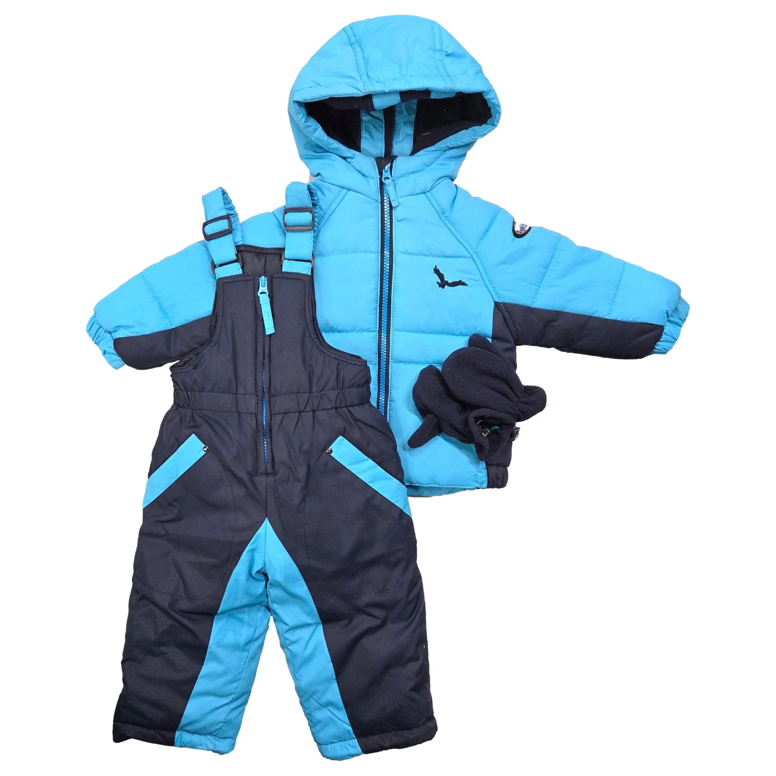 Hawke & Co. Infant Boys Blue Snowsuit Coat, Snow Bibs & Gloves Set 12 Months