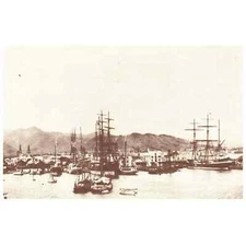 Postcard Whaling Ships Merchant Fleet Honolulu Harbor 1880 Punchbowl Black White