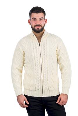 SAOL Aran Knitted Cardigan Sweater Men's 100% Merino Wool Cable Knit Jacket