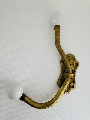Pair Of Solid Brass Twist Two Hook Porcelain Knob Wall Mount Coat Hook Vtg 7''