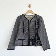 Chicos Open Front Blazer Jacket Black White Lace Appliqu Size 1 Medium