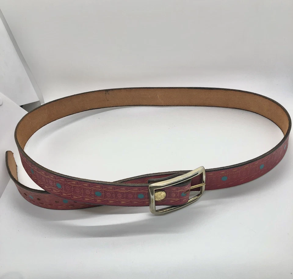 Womens Belt Multi Color Red Blue Brown Leather 46”Long Gold Tone Buckle Adjusts - Image 3 of 4